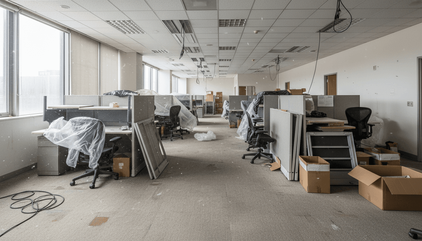 Commercial office interior with desks and chairs prepared for furniture removal