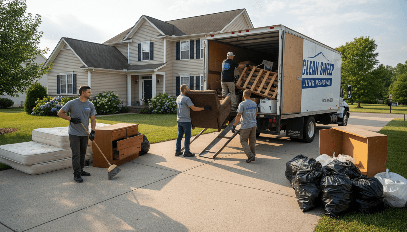Junk removal crew loading a truck with old furniture and debris in Houston