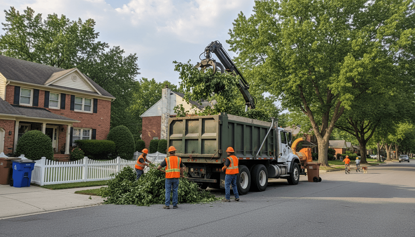 Workers loading yard waste branches into a large dump truck