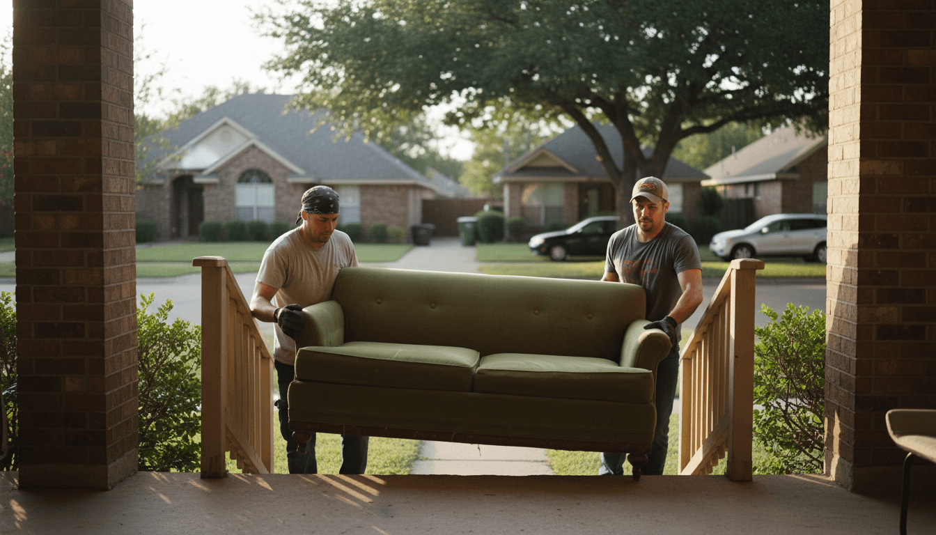 Two movers carrying an old sofa down porch stairs in Houston