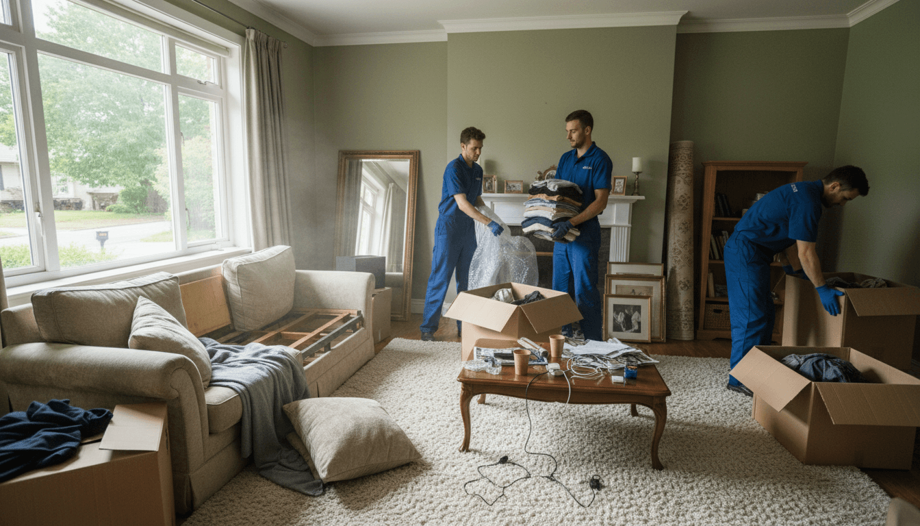 Workers clearing a cluttered room