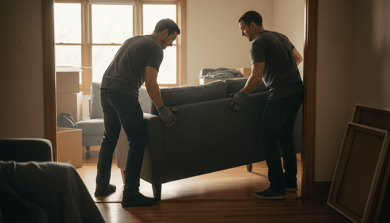 Movers carrying a gray sofa through a doorway