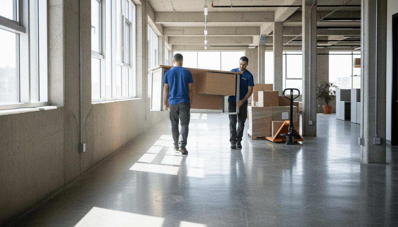 Movers carrying an office desk down a bright hallway in Houston