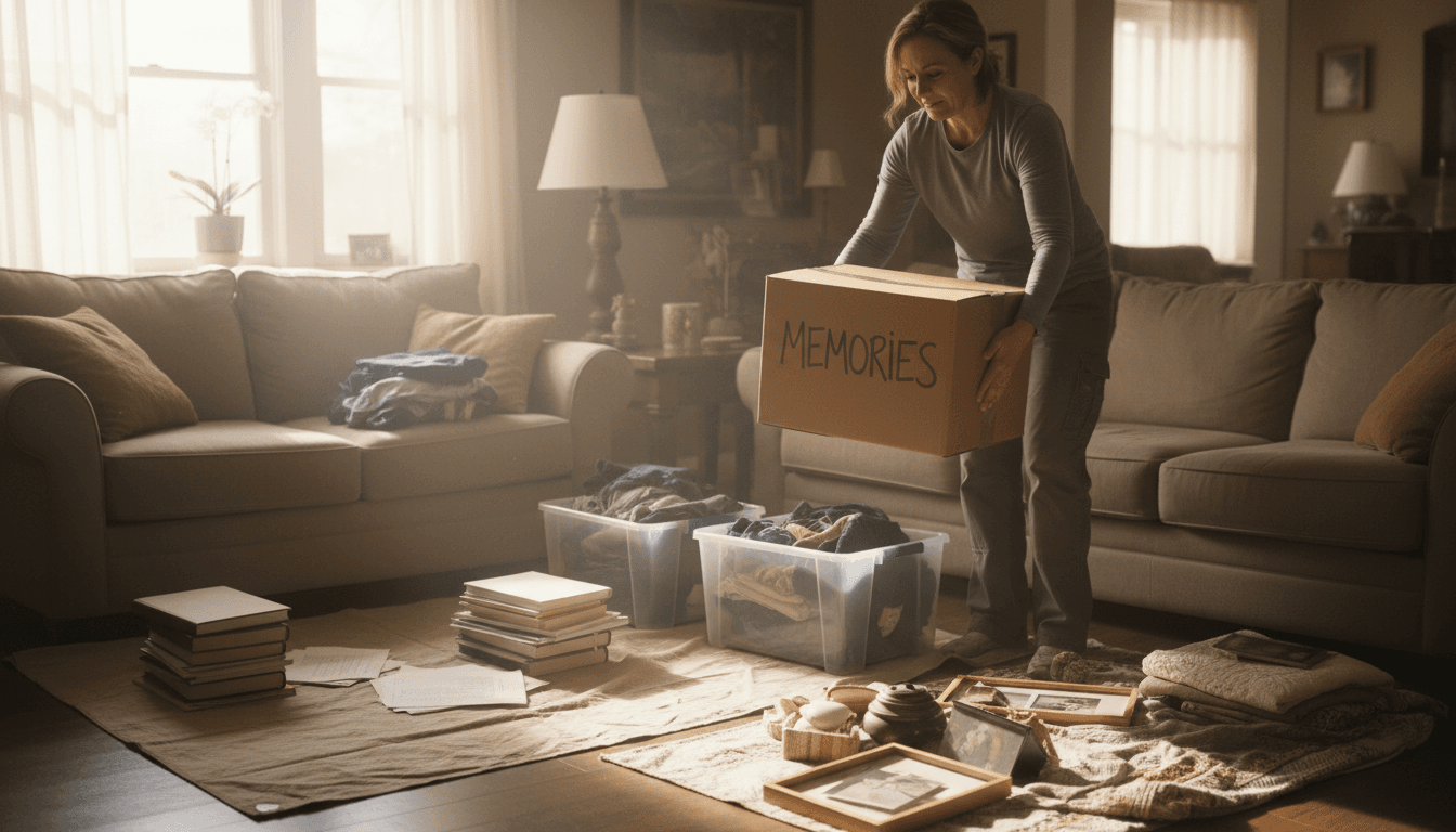 Worker sorting through a cluttered room