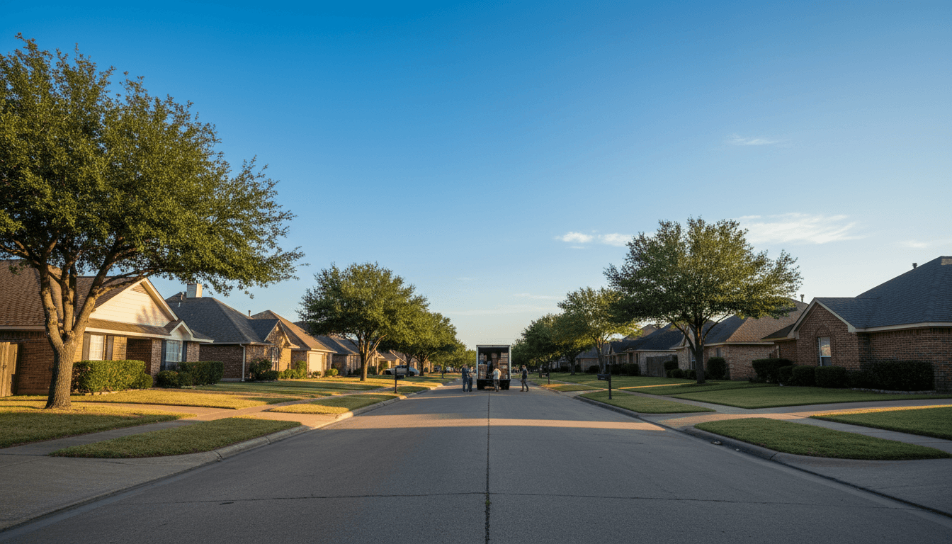 Quiet Houston suburb with a junk removal truck at the curb