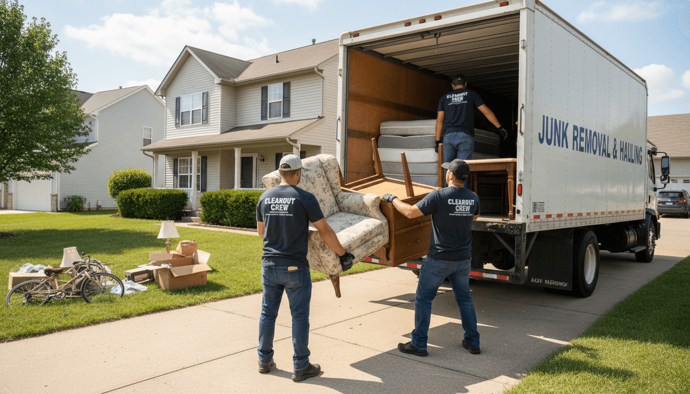 Junk removal crew loading old furniture into a truck