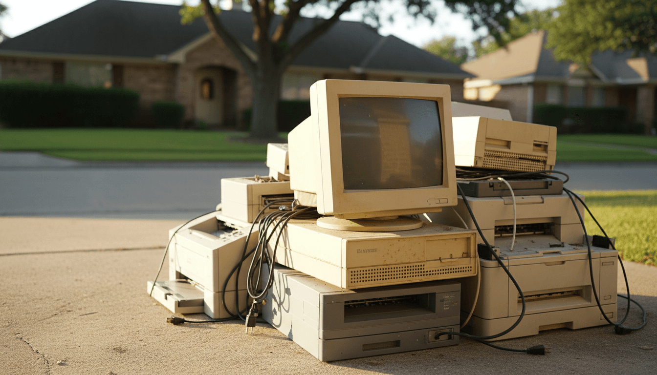 Stack of old electronics on a driveway