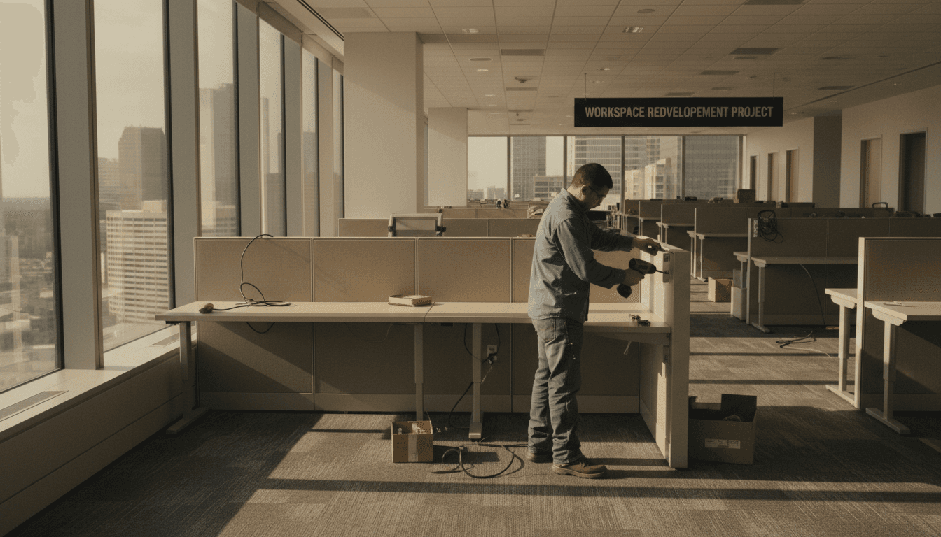 Worker in a Houston office removing a modular cubicle panel, empty desks visible