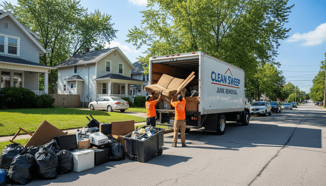 Junk removal team loading trash into truck in residential neighborhood