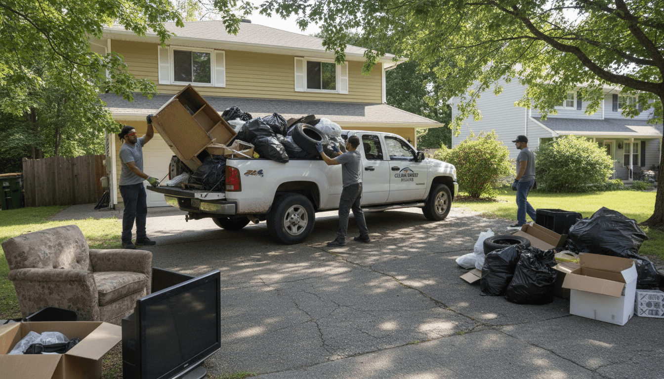 Junk removal crew loading a pickup truck with debris