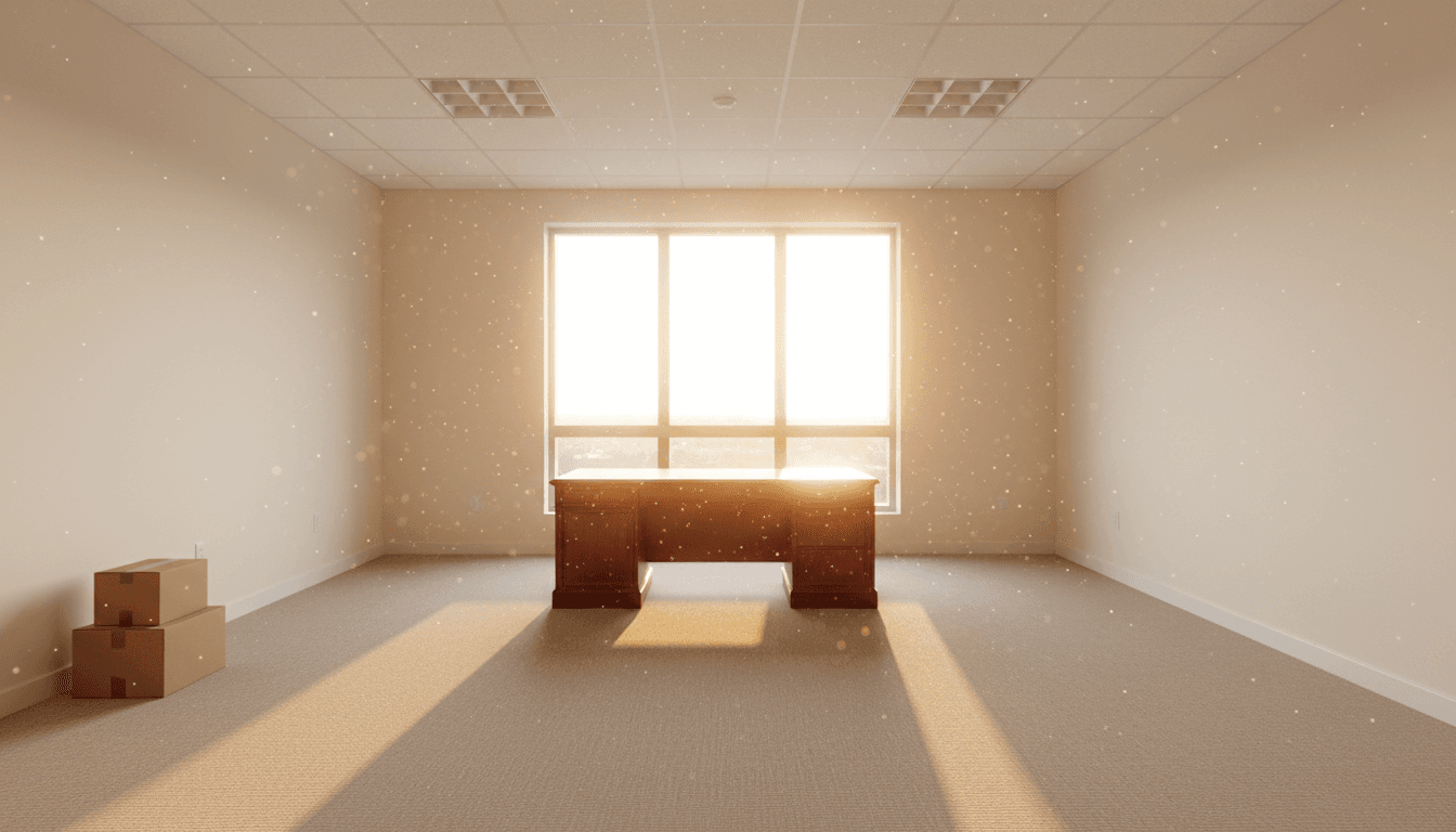 Empty office space with one wooden desk remaining near a window