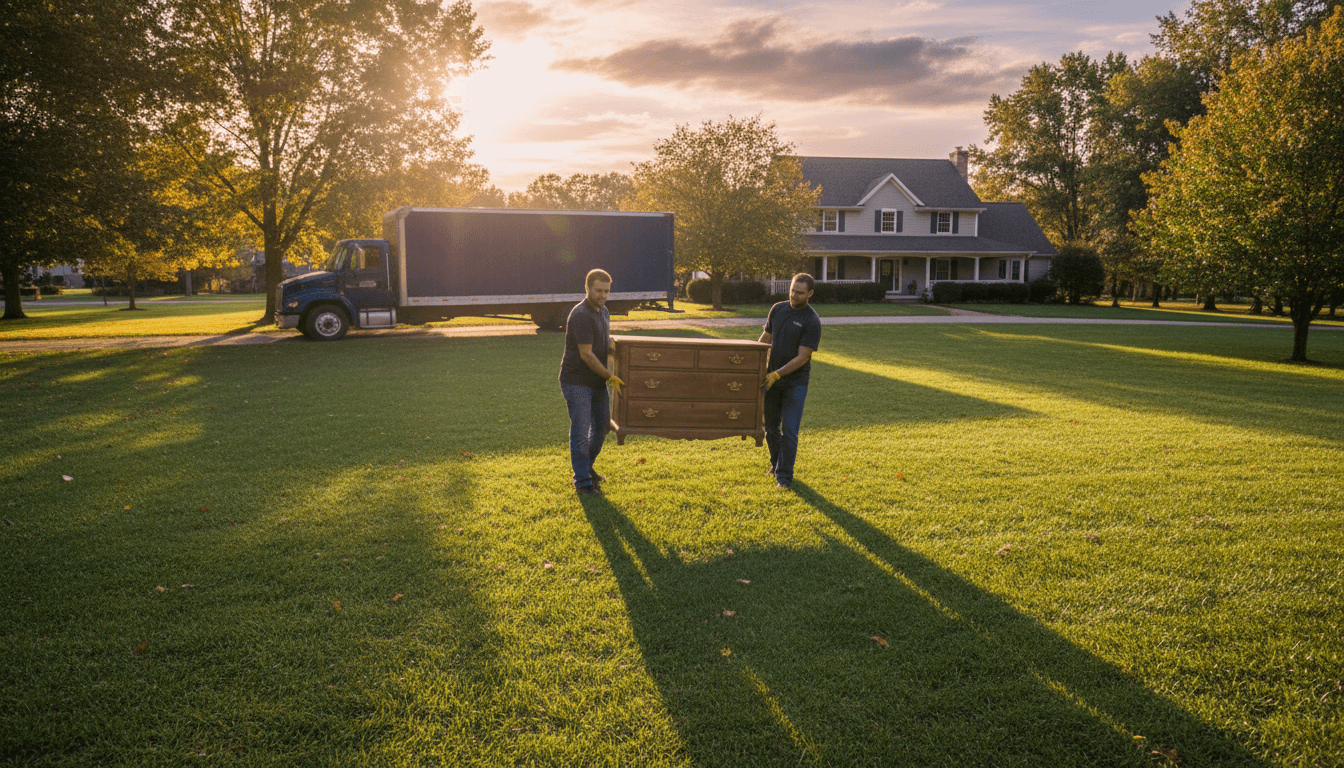 Movers carrying a wooden dresser across a lawn