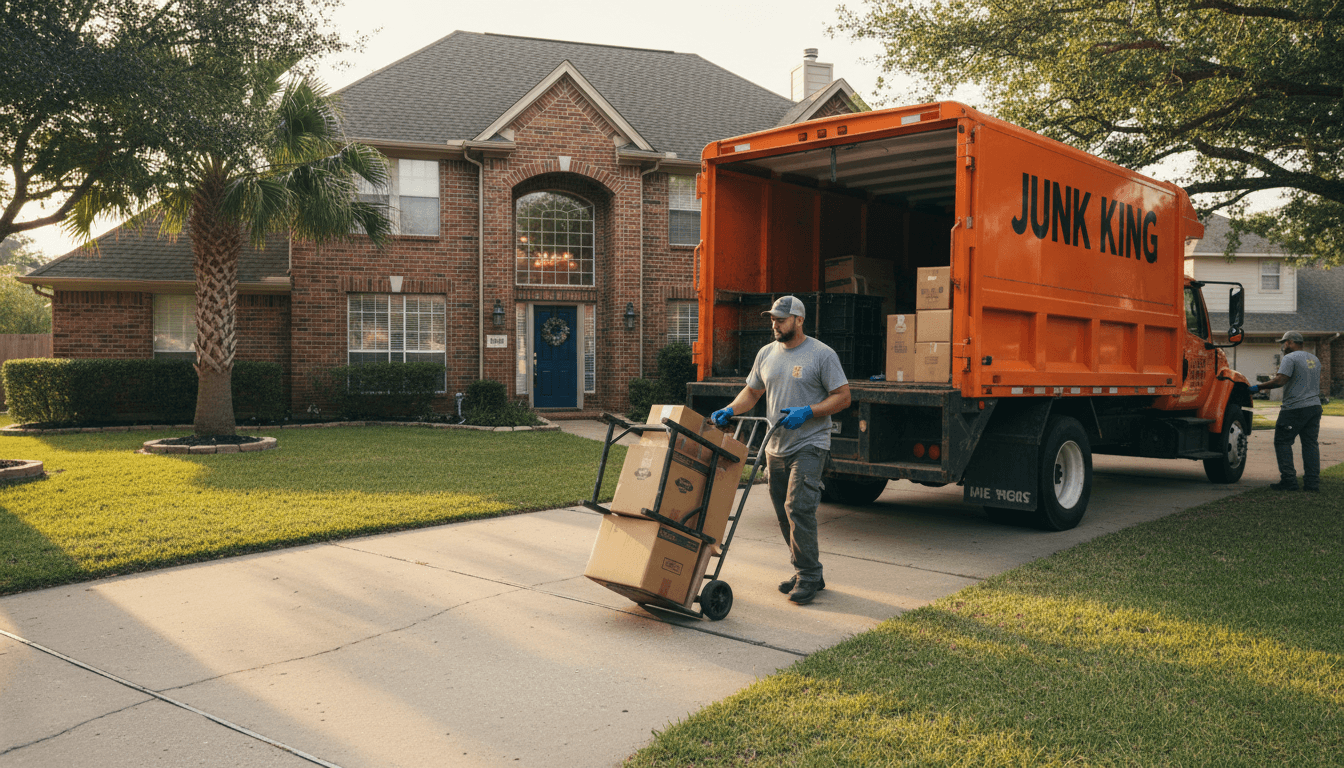 Junk removal crew member with hand truck approaching a Houston home
