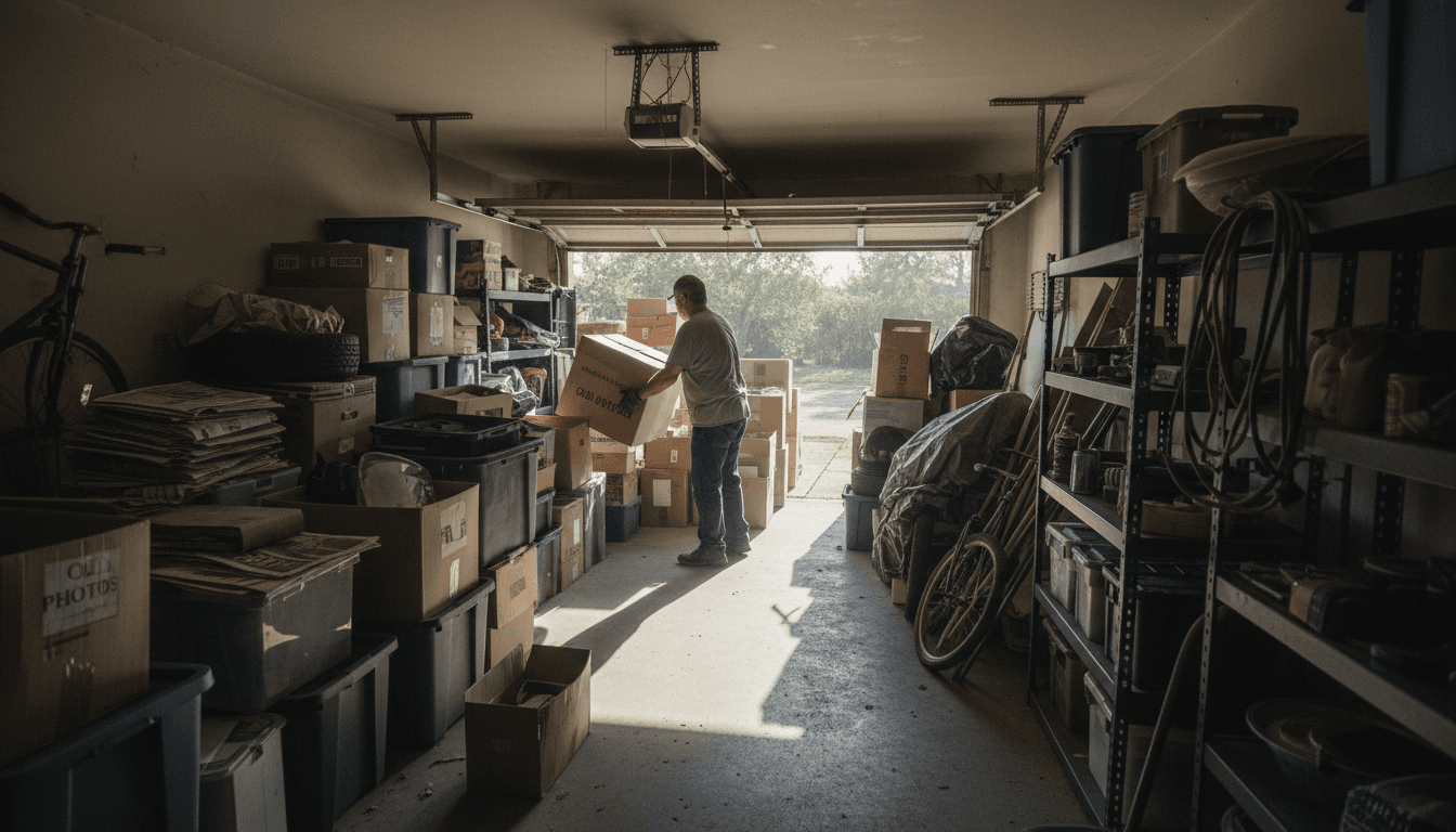 Cluttered garage being cleared out