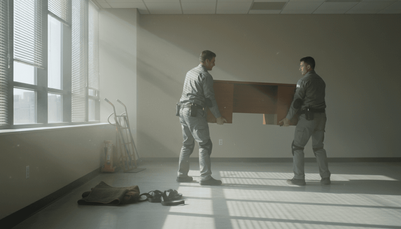 Two movers carrying a desk out of an empty office