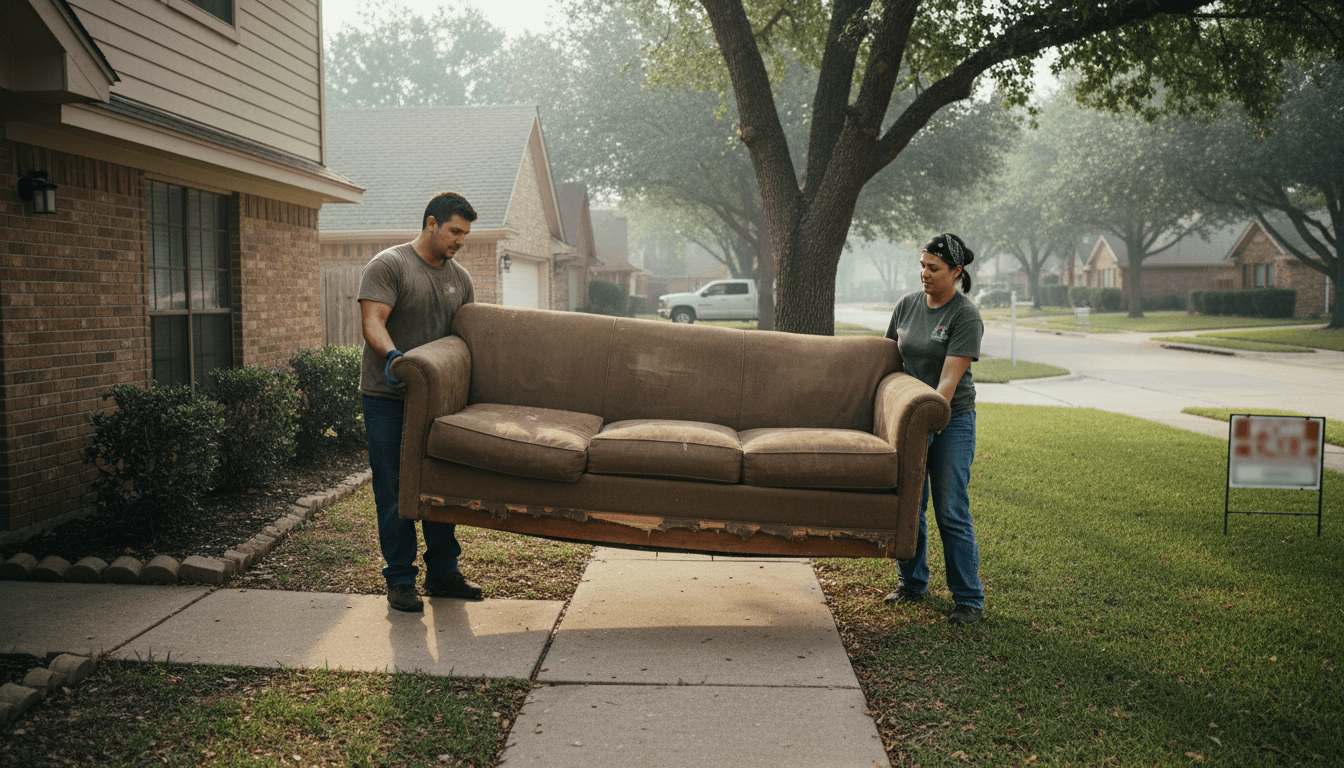 Movers carrying a couch out of a house