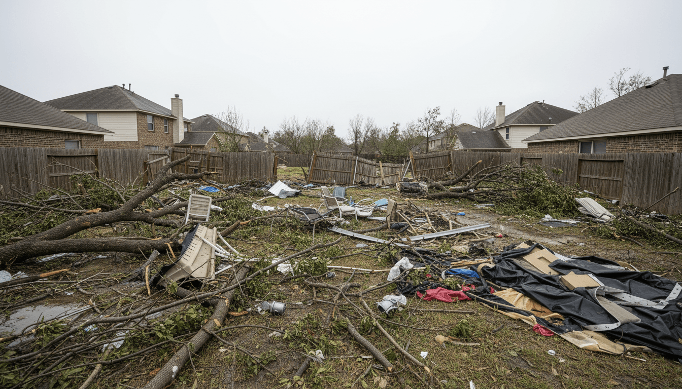 Pile of tree branches and storm debris in a yard