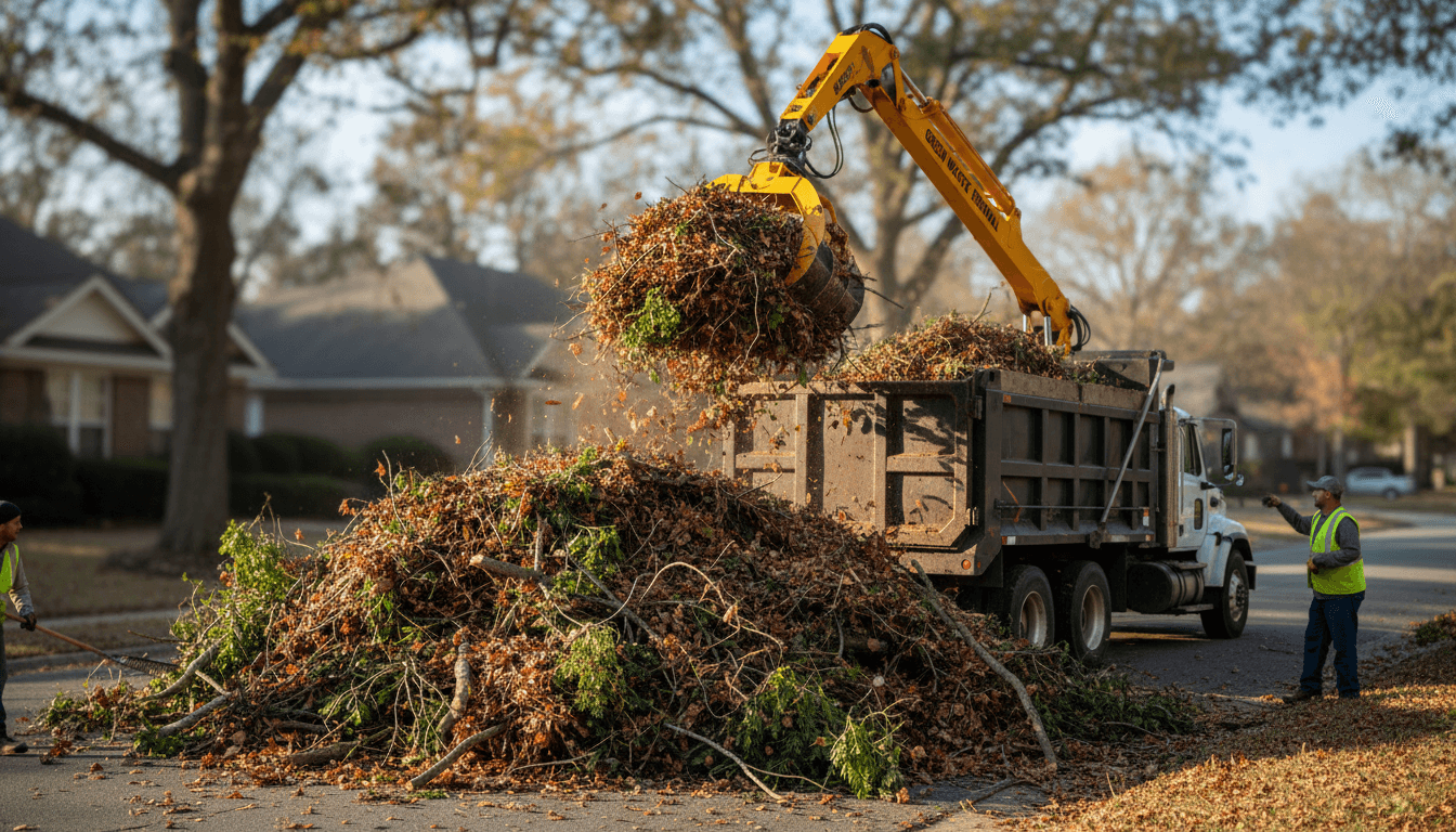 Crew loading yard waste into a truck