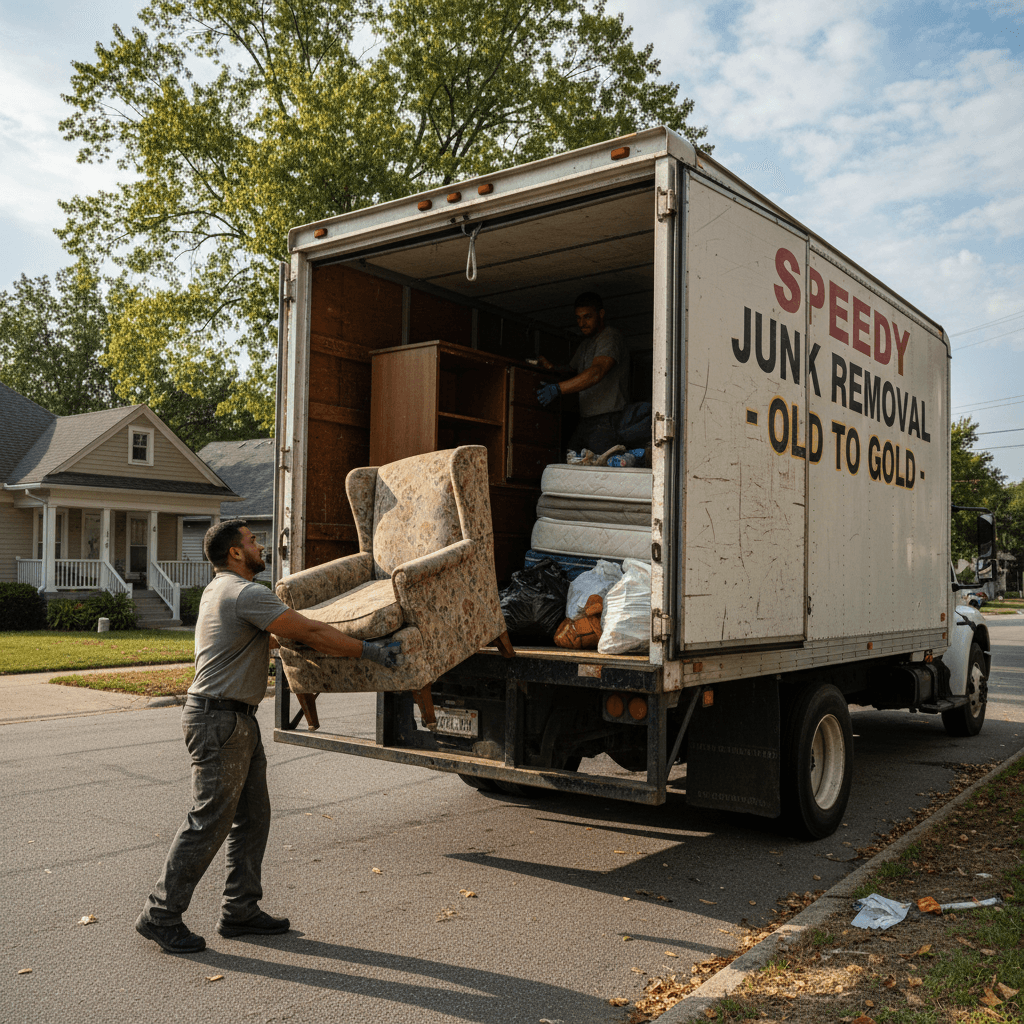 Worker loading old furniture into a junk removal truck