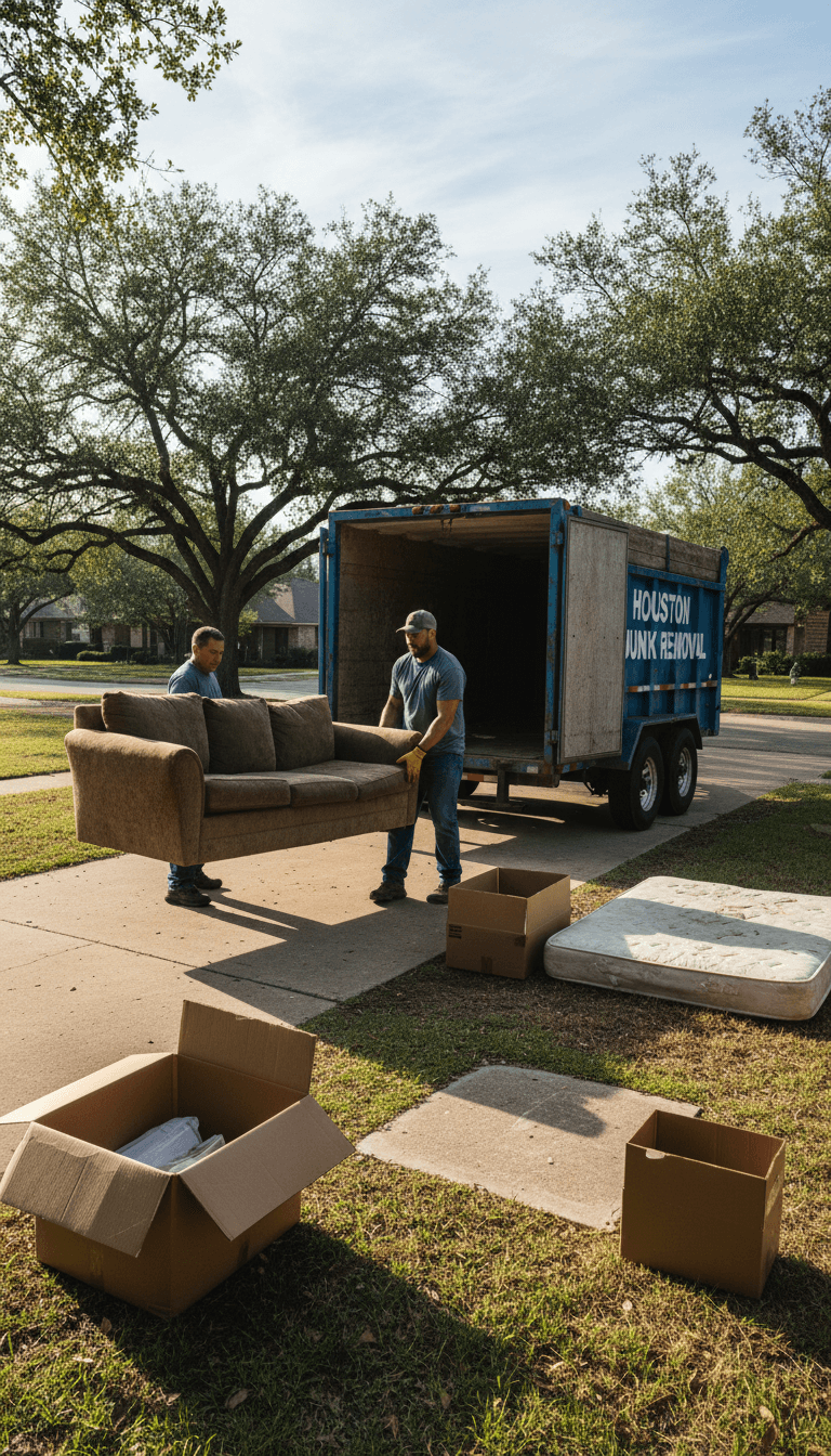 Crew member hauling an old sofa out of a Houston driveway