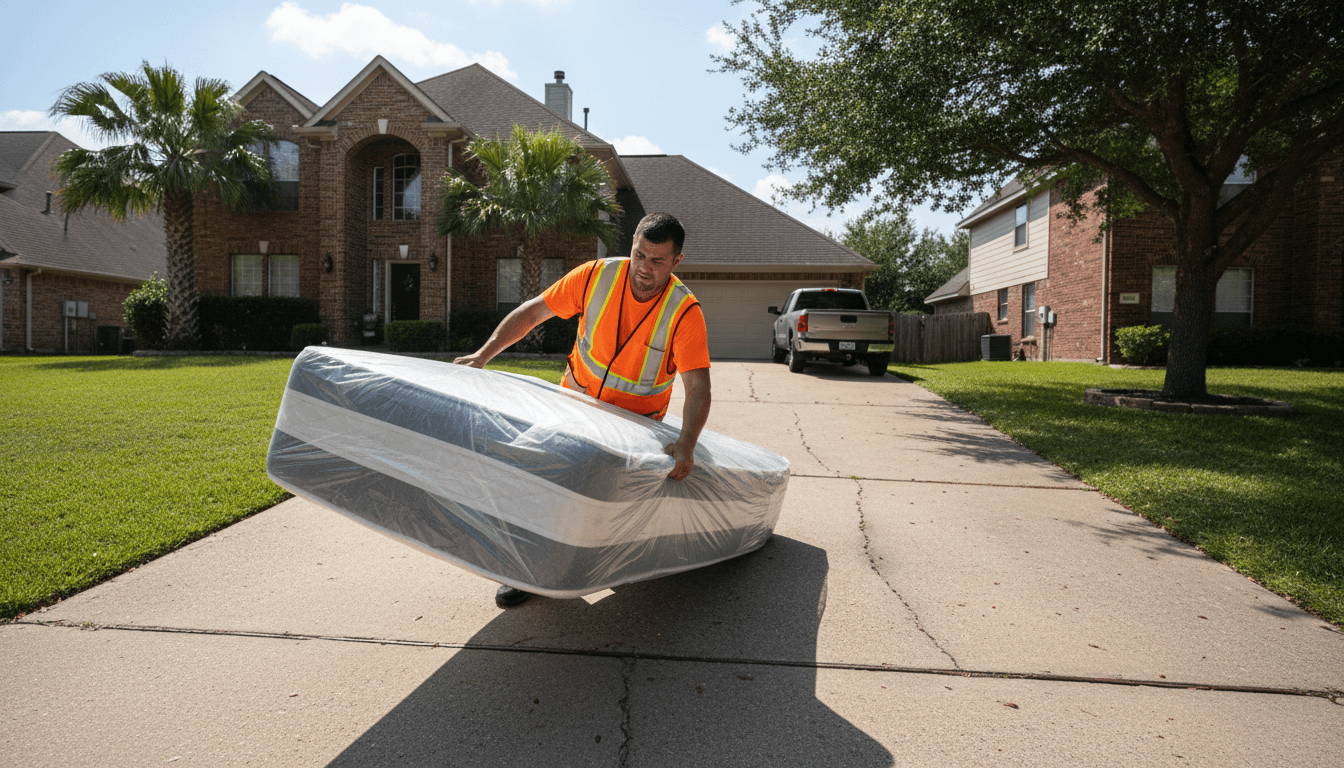 Worker carrying a mattress down a driveway
