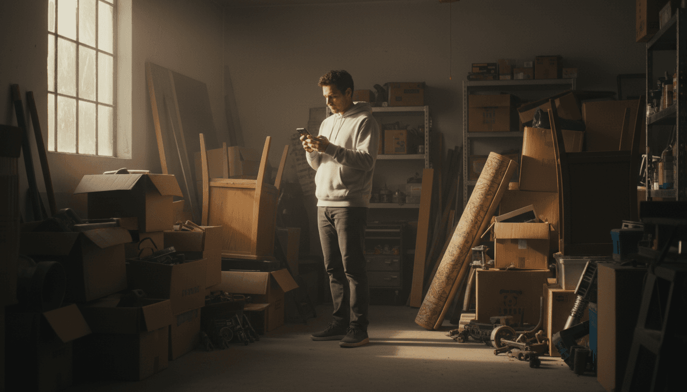 Person on phone in a cluttered garage full of old furniture and boxes