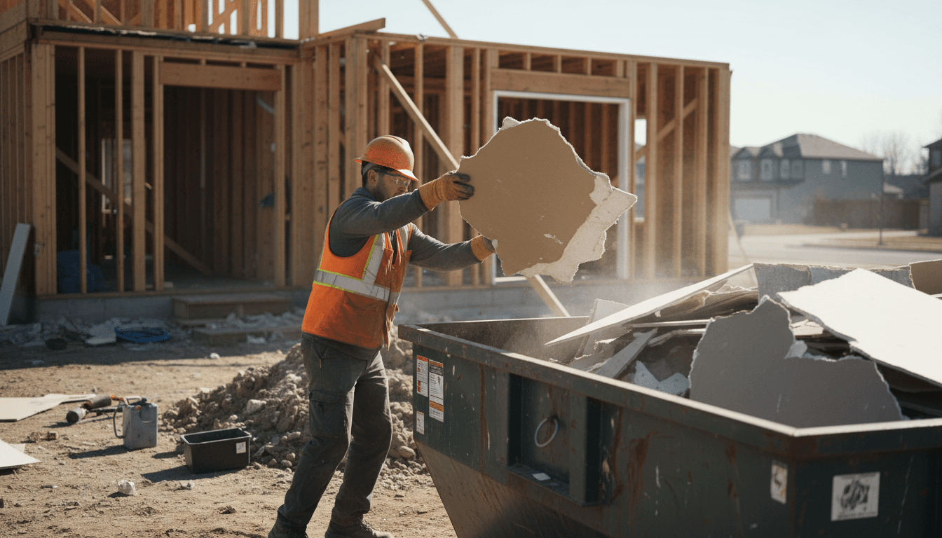 Worker throwing construction debris into a dumpster