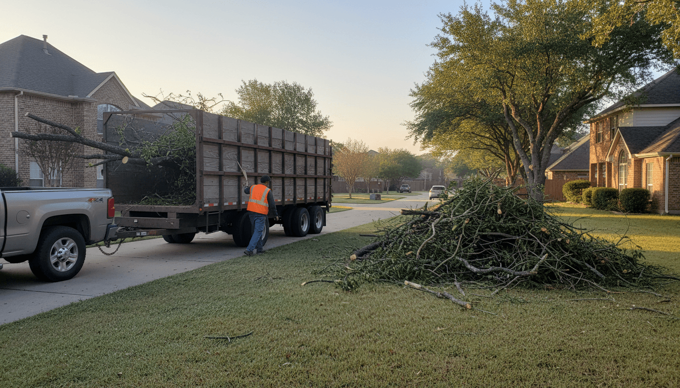 A worker loading cut tree branches and yard debris into a dump trailer in a Houston backyard