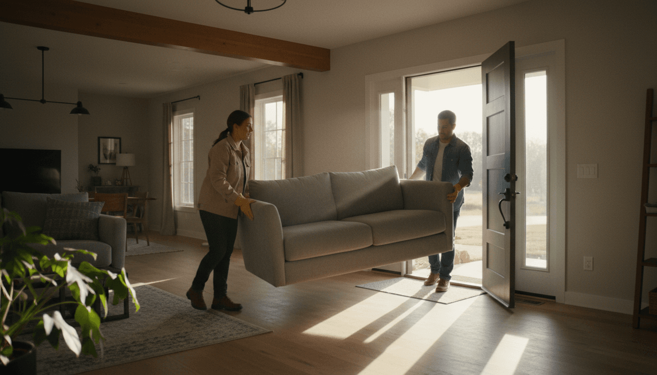 Two movers carrying a sofa out of a bright living room