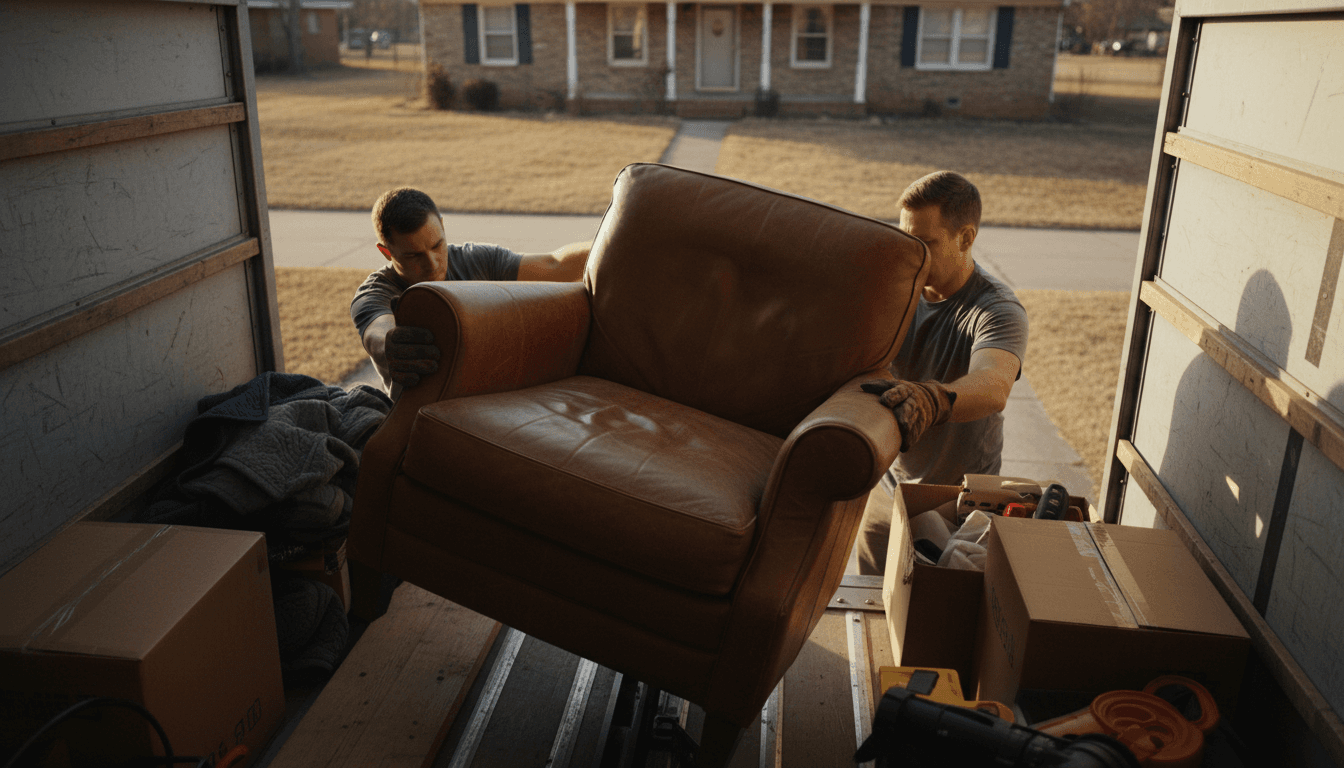 Two workers hauling a couch into a truck