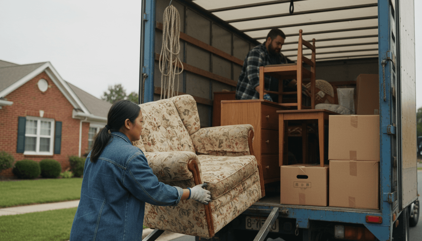 Junk removal worker loading large trash items into truck bed