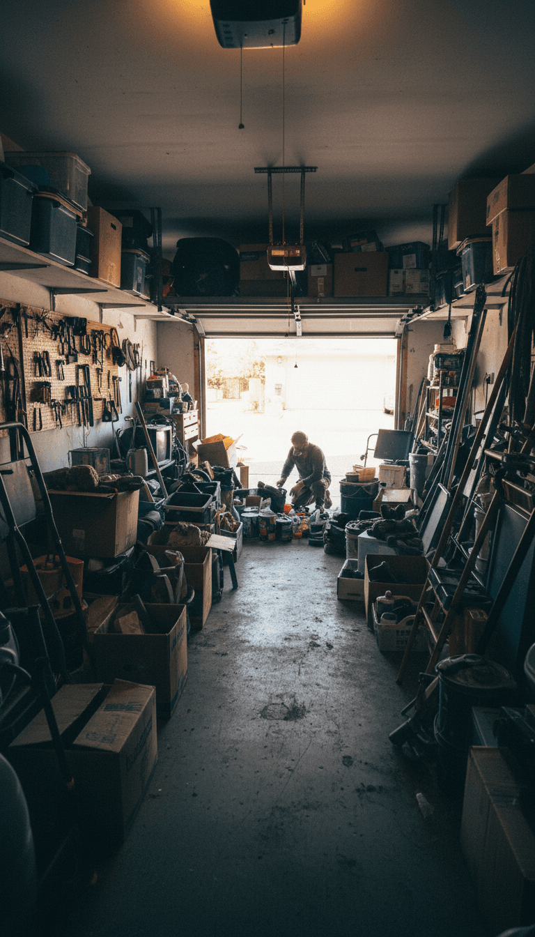 Cluttered garage packed with furniture and boxes
