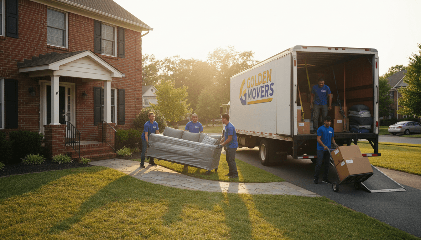 Two movers carrying large sofa out of a house onto a truck