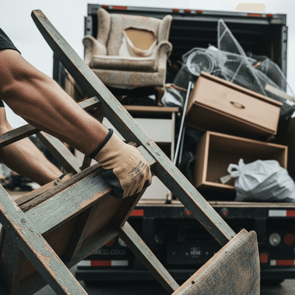 Professional worker loading old furniture into a junk removal truck