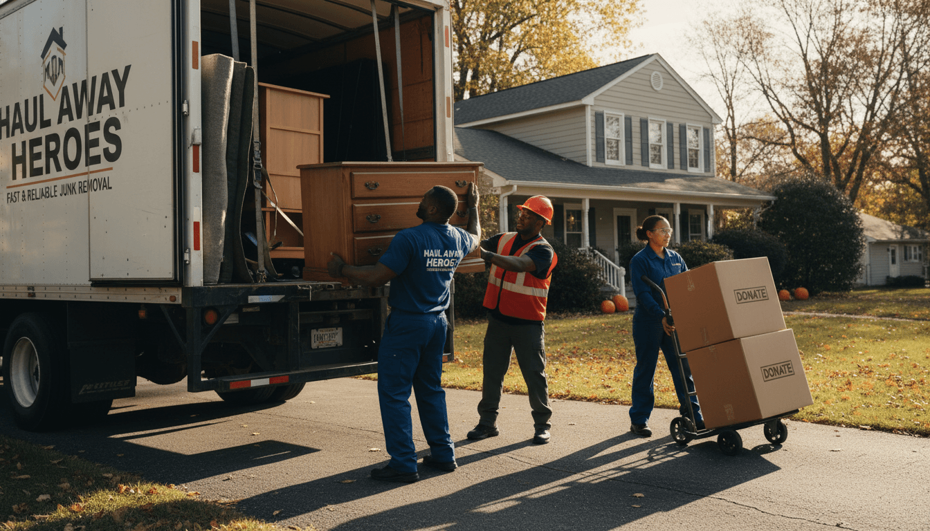 Workers hoisting an old sofa into a hauling truck