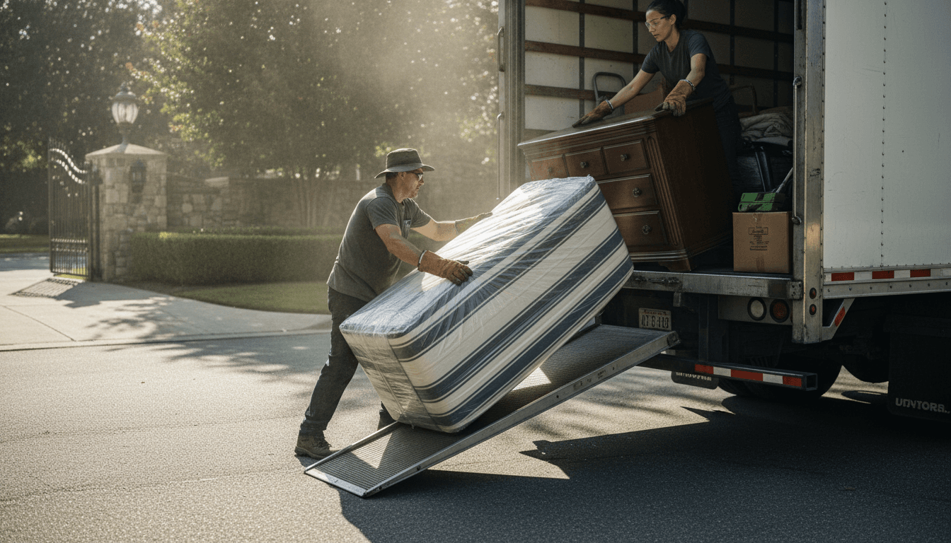 Workers loading bulky furniture into a dump truck for removal service
