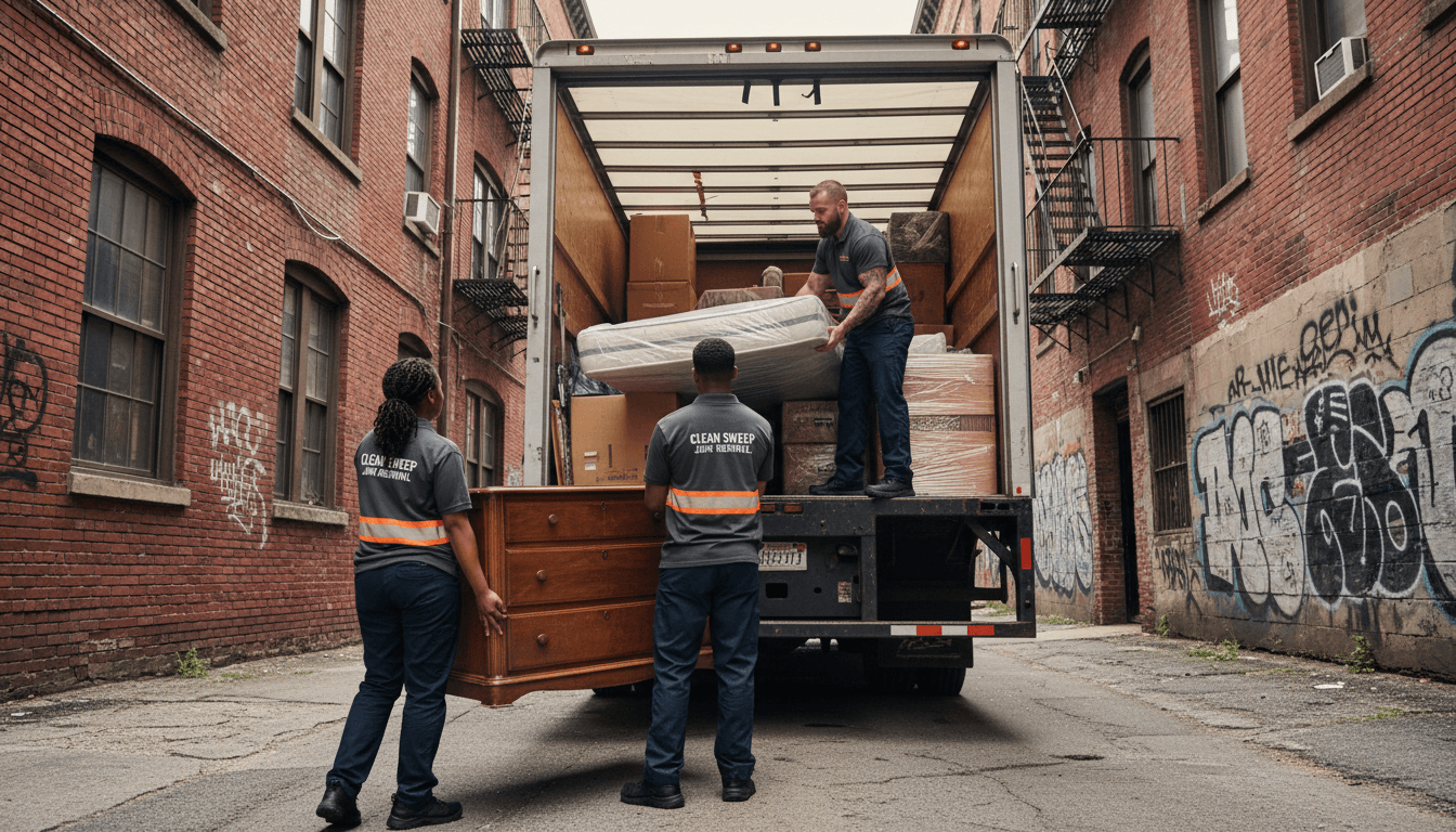 Junk removal crew loading a pickup truck with old furniture