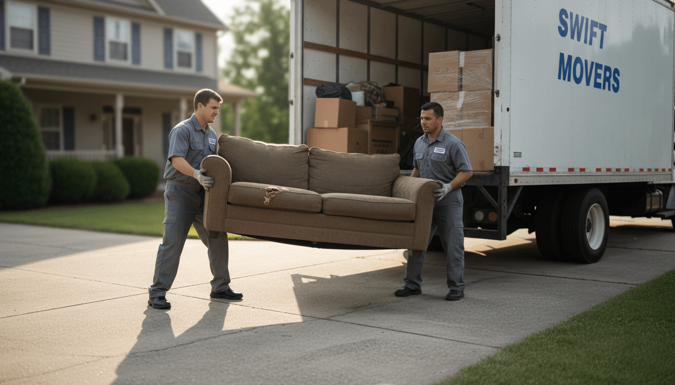 Junk removal team loading a truck with old furniture